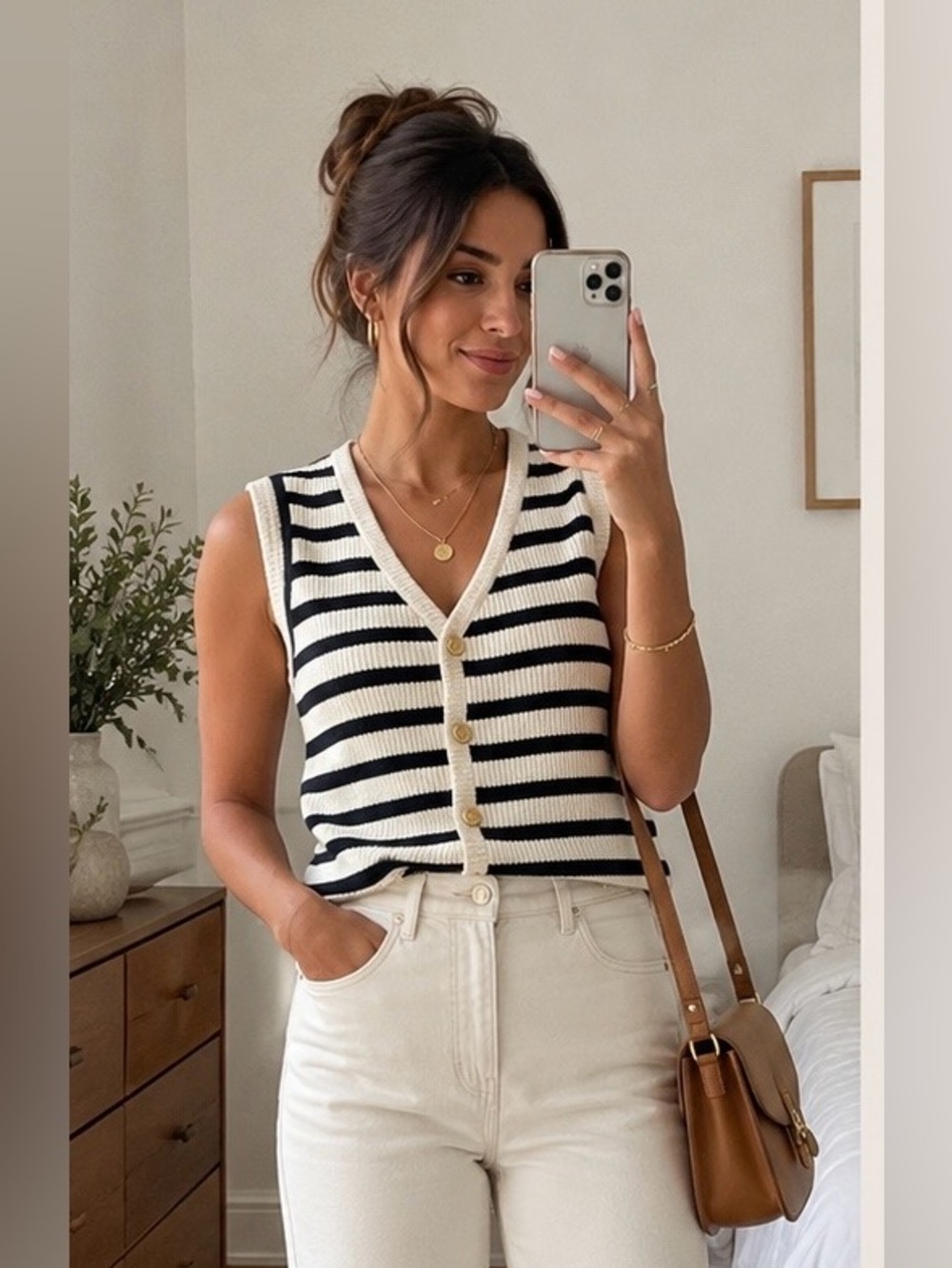 Abercrombie & Fitch Cream and Black Striped Button Front Knit Vest XS